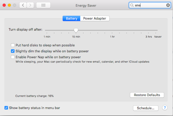 Energipreferanser Macbook OSX